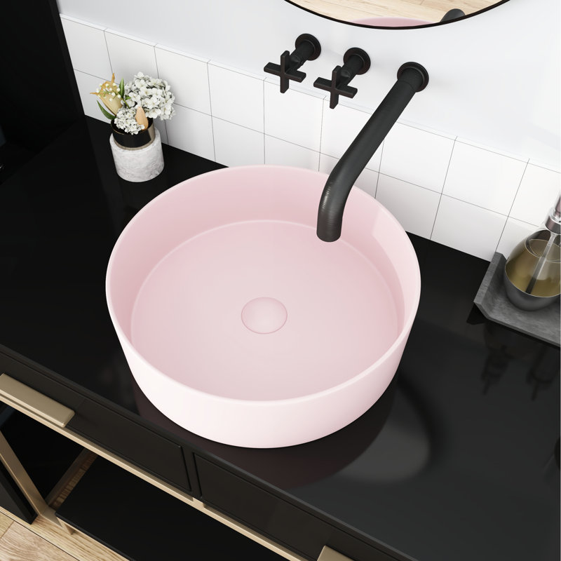 Pink Ceramic Art Vessel Sink - Bathroom Basin, 15.7X15.7X4.7 In, Material, Easy Cleaning Routine Ceramic, Effortless To Keep Clean And Performing Optimally
