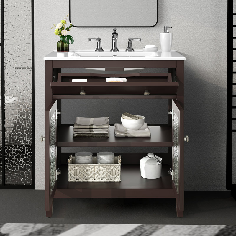 Meuble-lavabo 30 po avec lavabo en céramique, Marron foncé