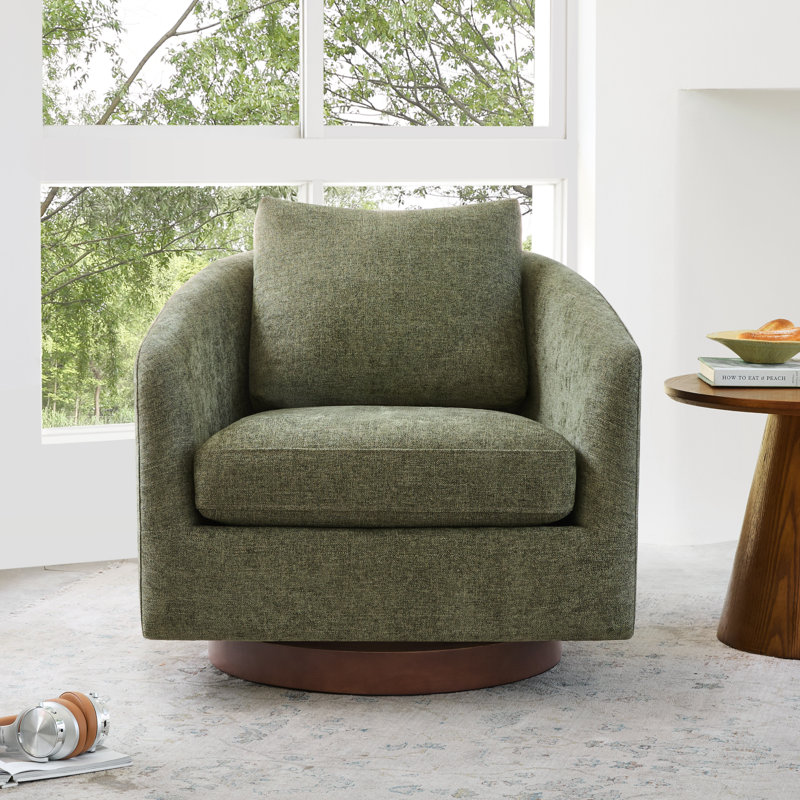 Moss Green Swivel Accent Chair with Solid Wood Base, Moss Green Chenille