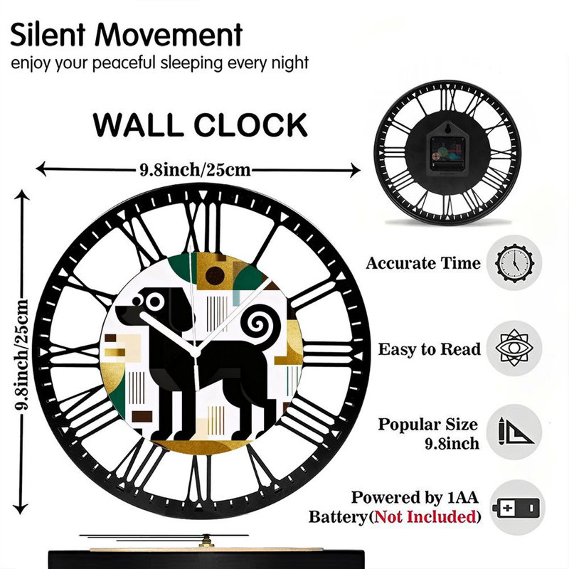 Horloge murale ronde en fer 10 po avec mouvement à quartz silencieux, chiffres romains, impression UV, Vert forêt