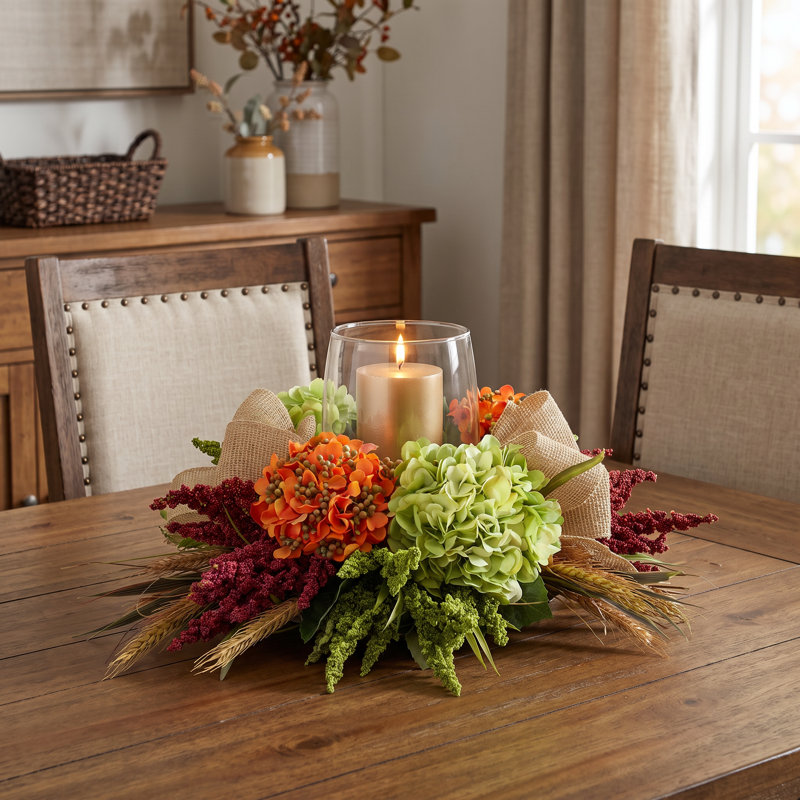 Harvest Hydrangea Fall Centerpiece with Candleholder