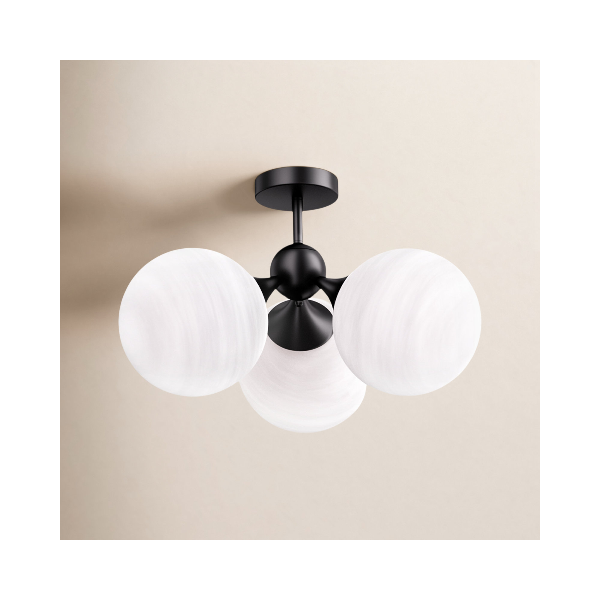 21"-3 Lights Modern Cloud Glass  Globe  Semi Flush Mount Lighting Fixture For Living Room, Bedroom, Matte Black