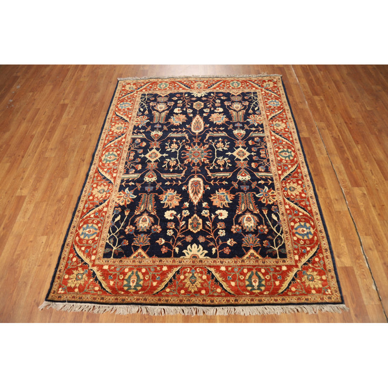 Vegetable Dye Wool & Silk Navy Blue  Traditional Rug 5x7