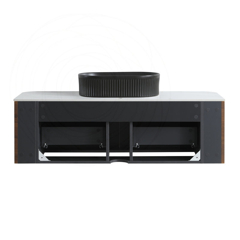 Meuble-lavabo 48 po avec lavabo ovale en céramique noire et porte-serviettes, Walnut