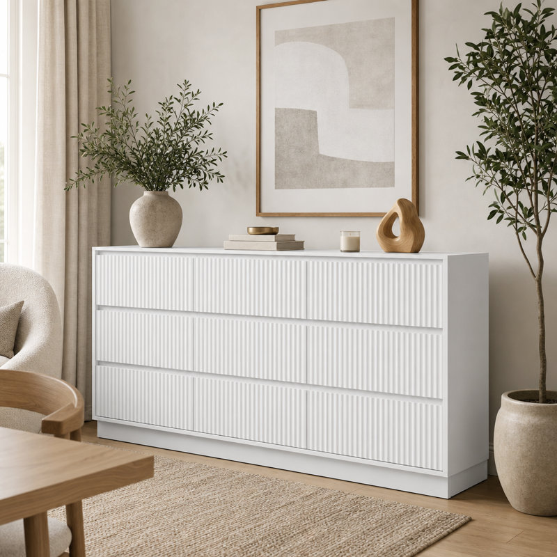 Matte White Handleless Fluted Dresser 9-Drawer Storage Cabinet