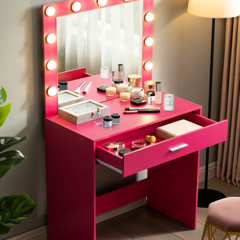 Pink Bedroom Vanity Desk With Mirror, Lights And Large Drawer, Adjustable Brightness 3 Lighting Modes, Tender Unique Brightness, Use