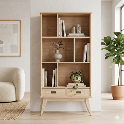 Draper 64"H Solid Wood Mid-Century Modern 6-Shelf Bookcase With Drawers And Geometric Design