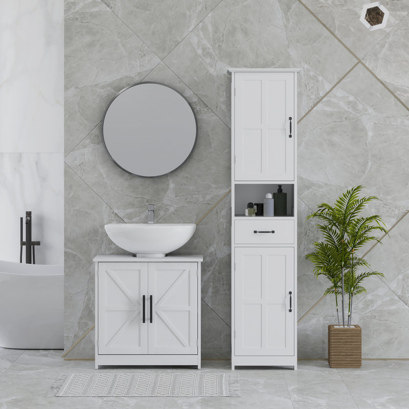 Armoire de rangement à piédestal, armoire de salle de bain autoportante Farmhouse avec 2 portes de grange et tablette réglable