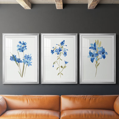 Blue Blossom Botanical I  -Custom Framed  Premium Print W Matt - 3 Pieces