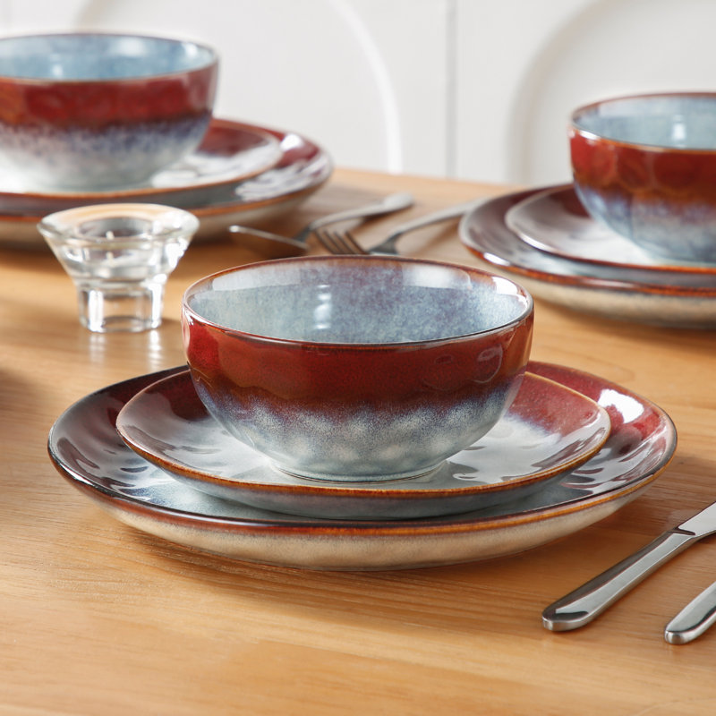 12 Pieces Dinnerware Set, Dinner Plate, Dessert Plate And Bowl Set For 4 Person, Ceramic Dinnerware, Red