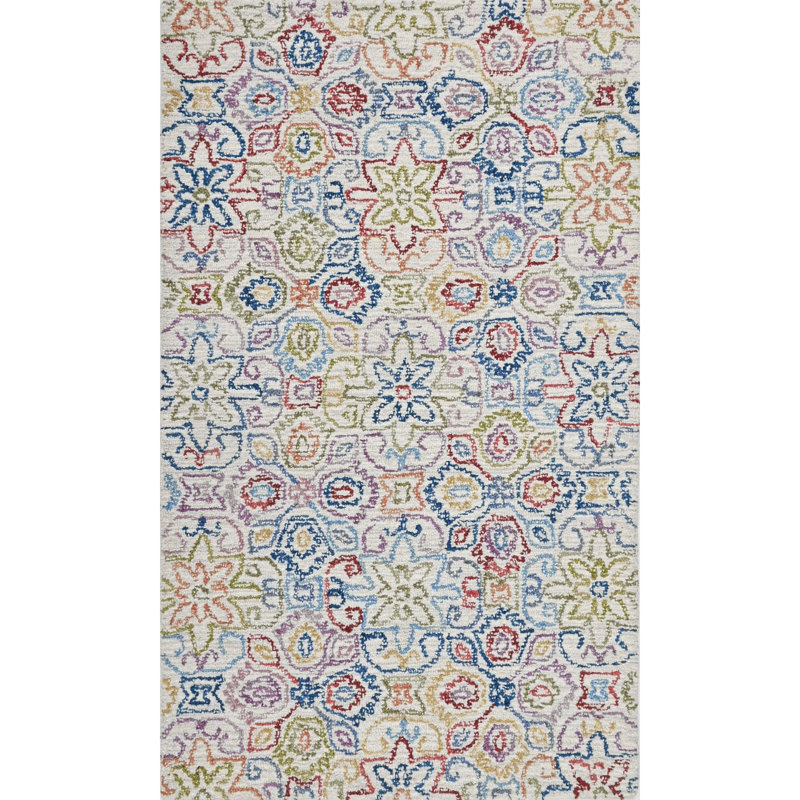 Cross Stitch Floral Hand Tufted Wool Area Rug in Cream/Blue/Red, Rectangle 3' x 5'