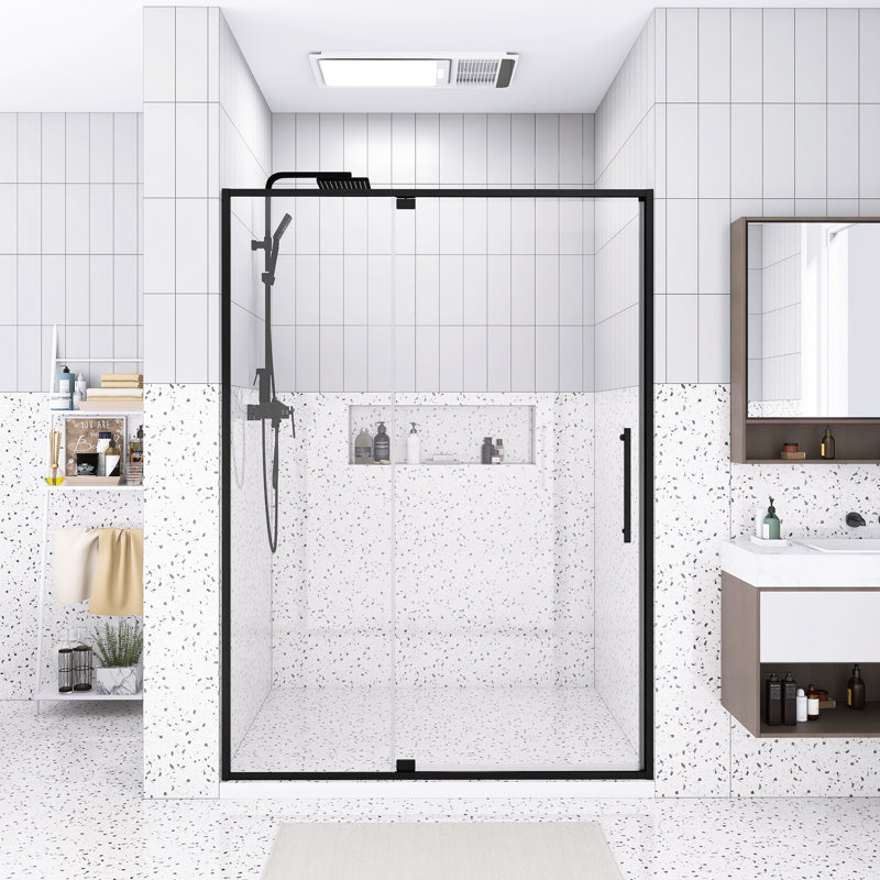 Porte de douche à pivot 50 x 54 po x H 74 po | Ouvert à l'extérieur | Arrêt à 105 degrés | Verre trempé 5/16 po | Noir mat