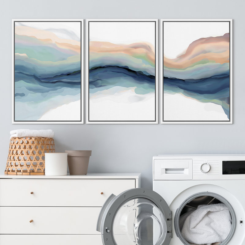 Pastel Watercolor Blue Paint Stroke Abstract Landscape- Framed Canvas Print Wall Art Work Home Decor, 24" H x 48" W