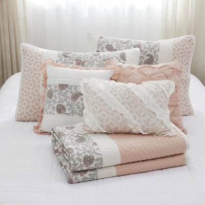 Ensemble de courtepointe en percale de coton 6 pièces avec coussins Blush King