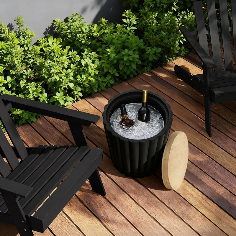 Table d'appoint ronde noire cannelée avec couvercle et seau à glace en métal