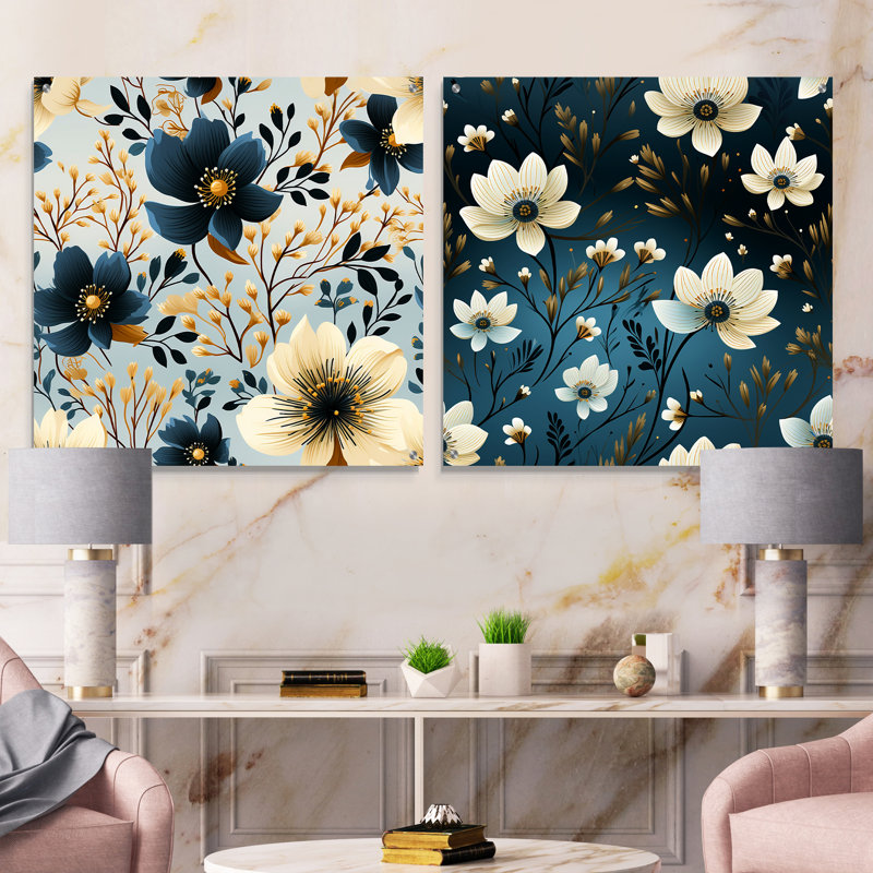 «Blue and Ivory Coastal Elegance Floral» - ensemble de 2 verres muraux en acrylique, H 16 po x l 33 po