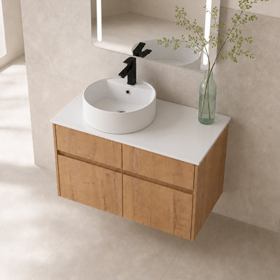 Meuble-lavabo mural moderne avec lavabo en céramique, rangement à fermeture douce, fini bois naturel