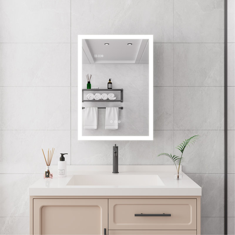 Armoire à pharmacie de salle de bain avec lumières, armoire à pharmacie DEL 28 po x 20 po avec miroir, armoire à pharmacie lumineuse avec désembueur, gradateur, horloge numérique et affichage de la température, montage en surface