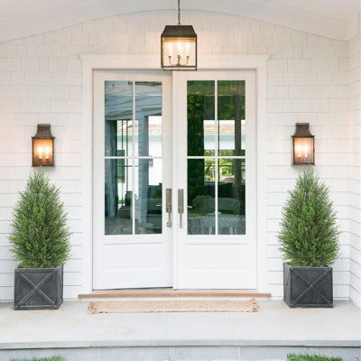 Artificial Cedar Topiary Trees, Set Of 2 Realistic Faux Cypress Outdoor Plants, Fake Front Porch Trees, UV Protection Patio Trees In White Pot For Outside