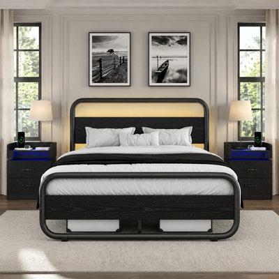 Structure de lit en métal avec tête de lit DEL, table de chevet 2 tiroirs avec station de charge et lumière DEL, ports et prises USB, ensembles de chambre à coucher 17 pièces