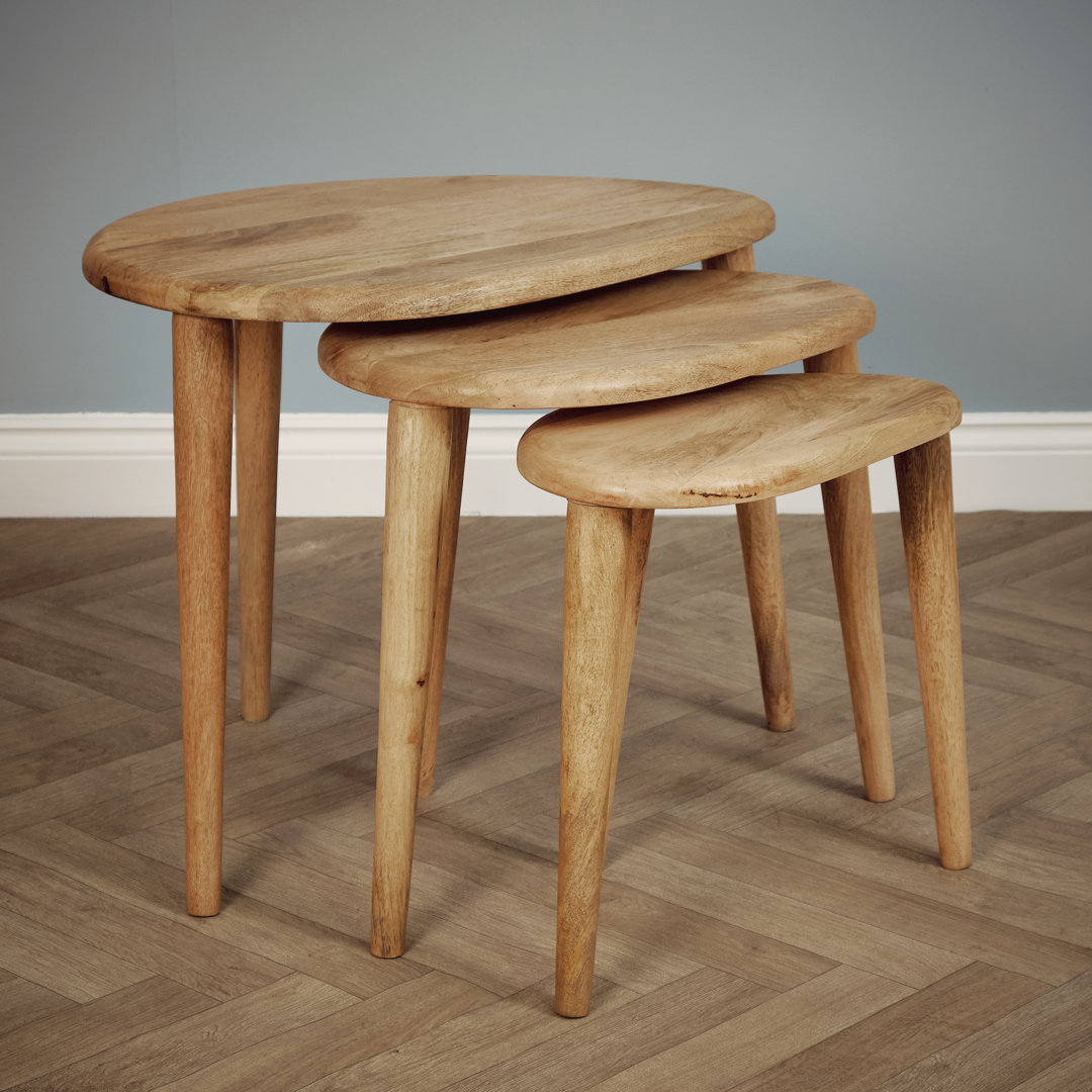 3 Piece Nesting Coffee Table Set – Solid Mango Wood Nest Of Tables In Light Oak Finish, Modern Wooden Side Tables For Living Room, Scandinavian Style
