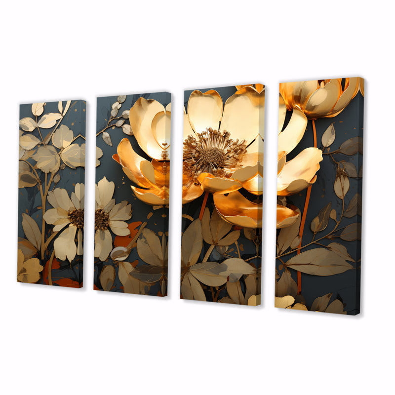 Ensemble d'art mural doré 4 pièces "Golden Poppy Meadows I", H 28 po x l 48 po