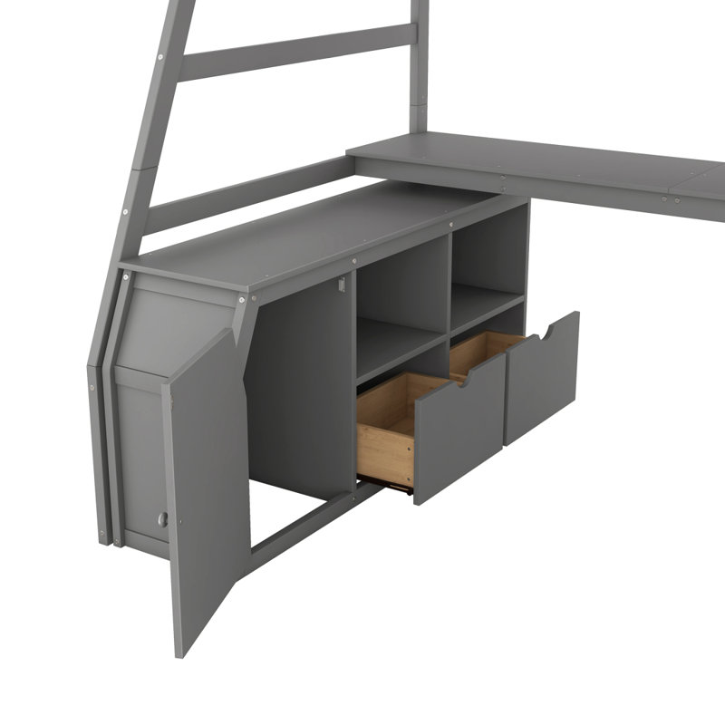 Lit mezzanine simple avec 7 tiroirs, 2 tablettes et bureau - Gris, Lit simple, Gris