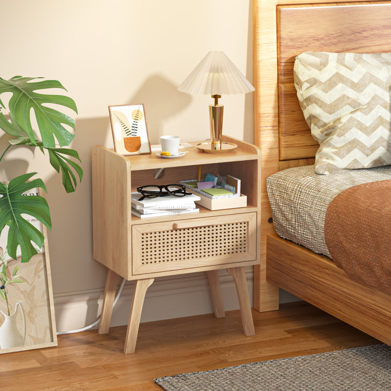 Rattan Nightstand With Charging Station, Boho Night Stand With Handmade Natural Rattan Drawer And Open Shelf, Cane Accent Side End Tables With Solid Wood Legs For Bedroom, Dorm, Small Spaces
