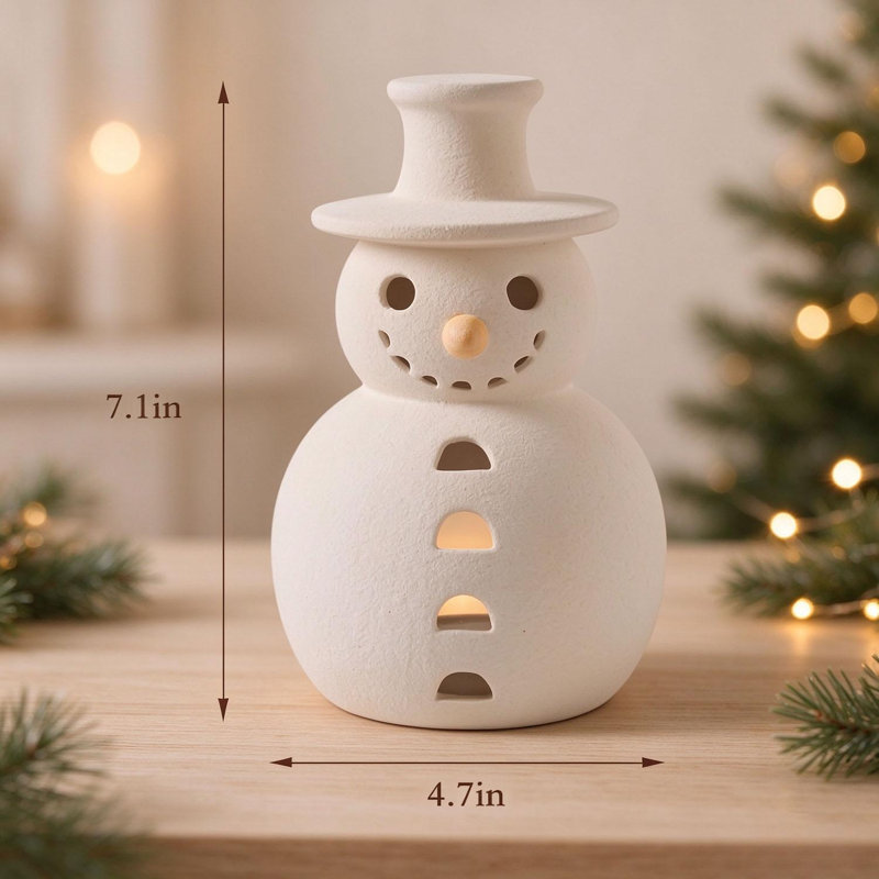 Porte-bougie bonhomme de neige en terre cuite 7,1 po, décoration de Noël rustique de style campagnard, décoration de table intérieure et extérieure