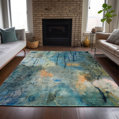 Tapis bleu sarcelle lavable à la machine intérieur / extérieur Xhevrie
