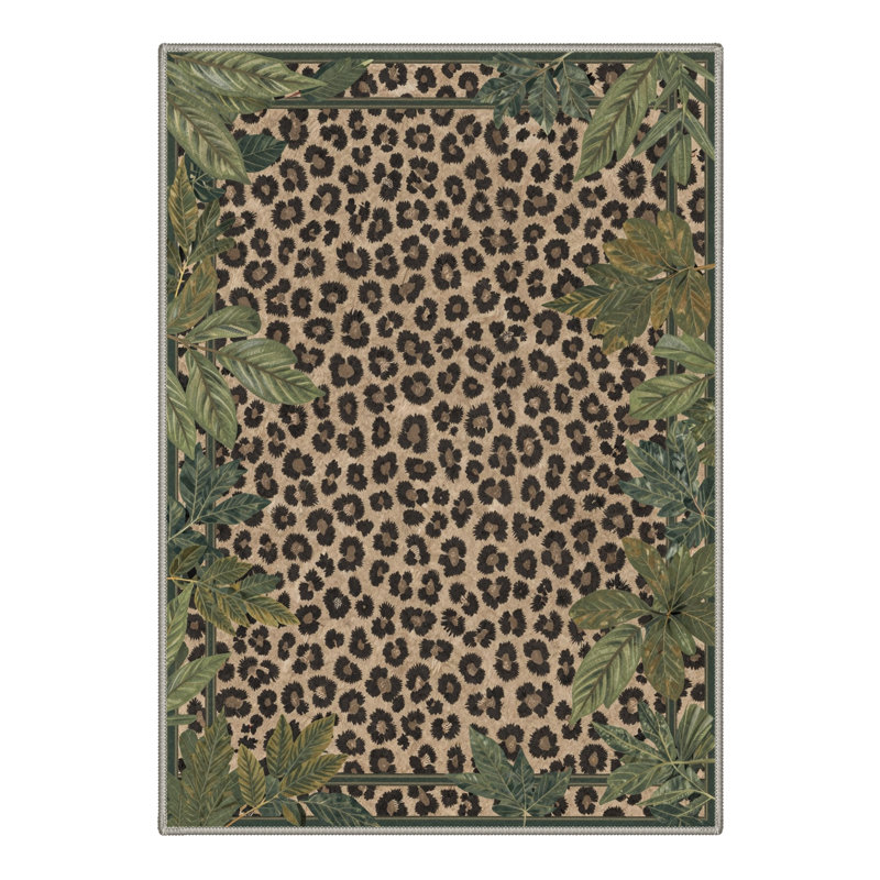 Alissa Lushmark Animal Print Leopard Foliage Machine Washable Green / Brown / Black Indoor Area Rug with Non-Slip Backing