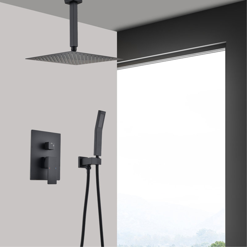 Ensemble de douche au plafond noir mat - tête de 12 po et douchette naturelle auto-nettoyante en laiton fabriquée et robinet produit