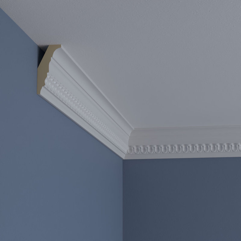 Primed White Geometric Crown Moulding Sample, 12" Length