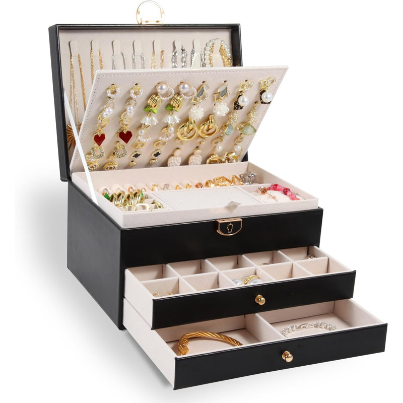 Boîte à bijoux matelassée à double couche avec rangement pour bijoux et tiroir en cuir