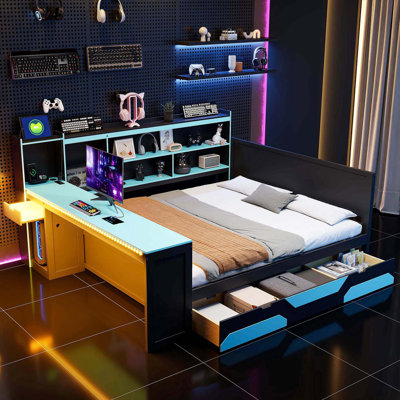 Modern Gaming Daybed with Integrated Desk and Storage