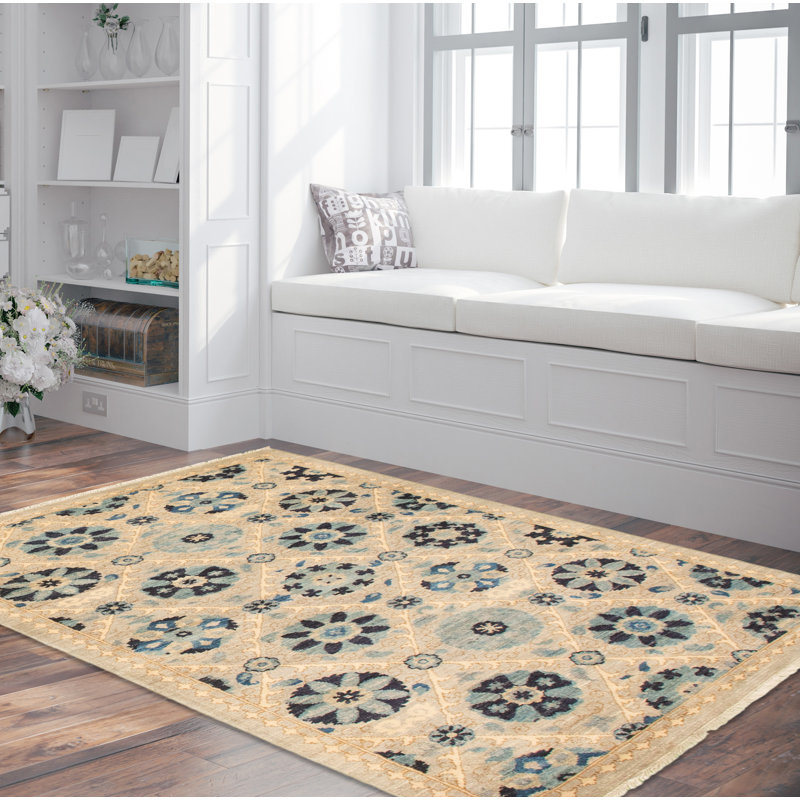 Tapis unique en laine noué à la main 3 pi x 5 pi 2 po bleu nouvel âge Lahore Caseylynn