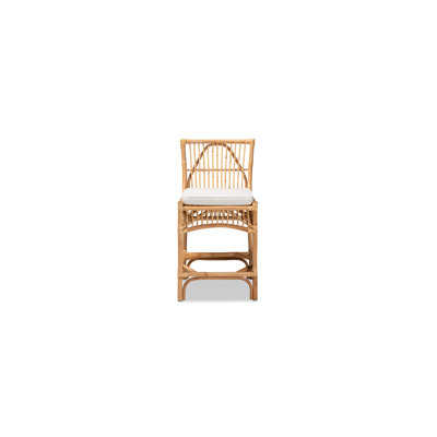 Rose Modern Bohemian White Fabric Upholstered and Natural Rattan Counter Stool