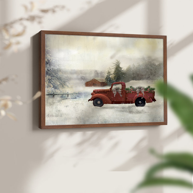 Red Barn Winter - reproduction encadrée - réarmable, H 8 po x l 10 po, Noyer