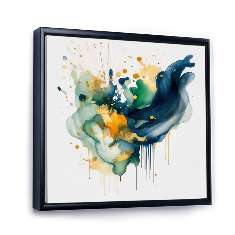 Bleu foncé, turquoise et or IV, Cadre flottant noir, H 36 po x l 36 po x P 1,5 po