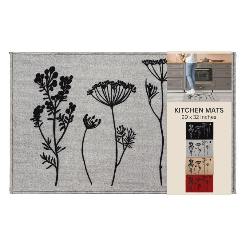Wildflowers Kitchen Mat Wool Effect Comfort Mat, Gray/Black