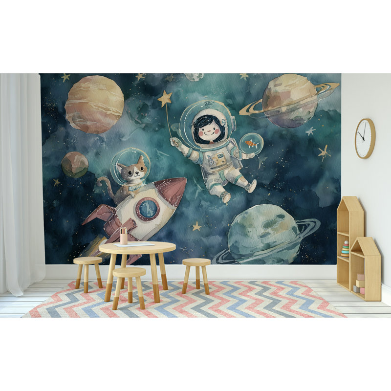 Papier peint astronaute, chat, planètes, mur, 100 po x 96 po, Peler et coller