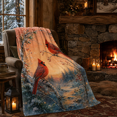 Sunset Cardinal Throw Blanket with Two Red Birds, Snowy Birch Branches and Winter Berries, Flannel Layer for Sofa, Bedroom and Cozy Evenings, 60 x 80 in