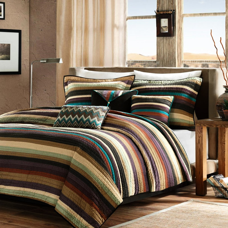 Courtepointe réversible multicolore pour lit simple / simple TG, microfibre, rayures terreuses, rayures sarcelle mauve Zig Zag, motif à rayures, coussins décoratifs, filet avec