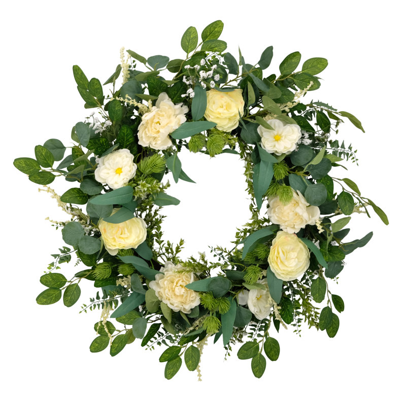 30" Artificial Eucalyptus Floral Spring Door Wreath, Green/Ivory
