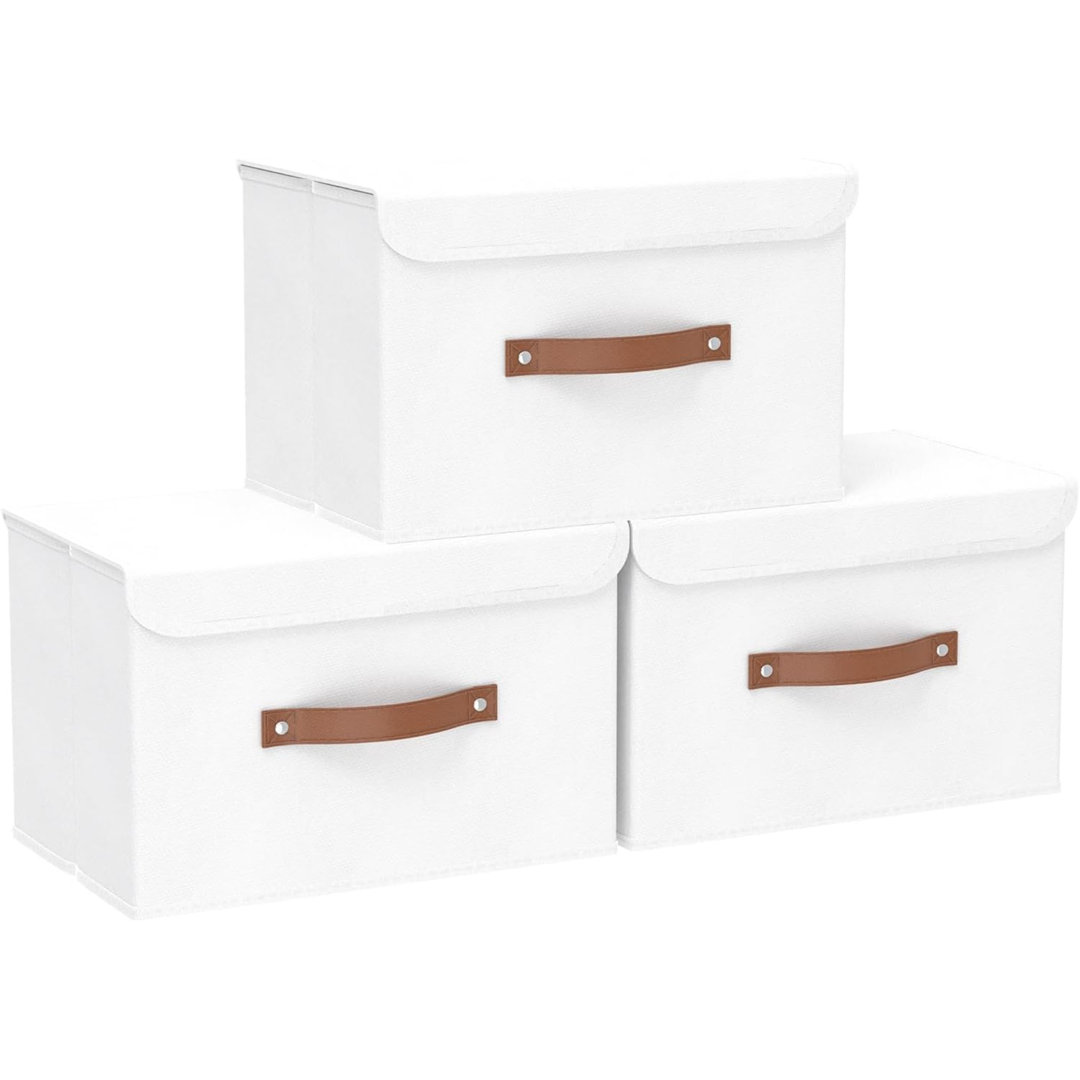 Storage Boxes With Lids 3 Pack, Collapsible Bin With Handle, For Organizing Clothes