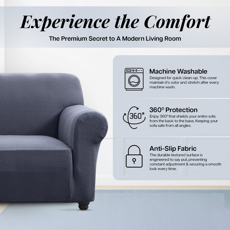 Jacquard Pattern Stretchable Spandex Sofa Slipcover - Stylish Sofa Protector, 179cm H x 224cm W - (2 Seater), Blue/Grey