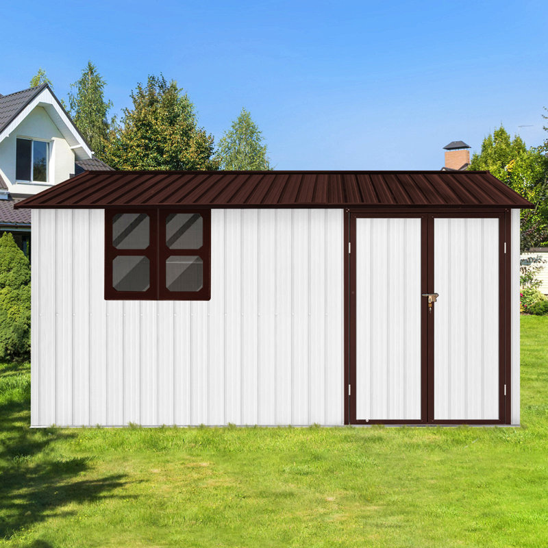 Remises de jardin extérieures en métal avec fenêtre, Blanc/naturel, H 81,1 po x l 123,36 po x P 102,36 po