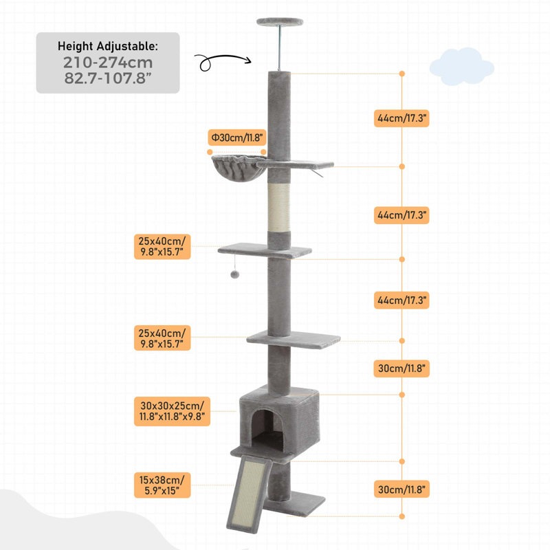 Tour pour arbre à chat à hauteur réglable à 5 niveaux pour chats d'intérieur avec maisonnette pour chat, poteau à griffes et échelle pour chat