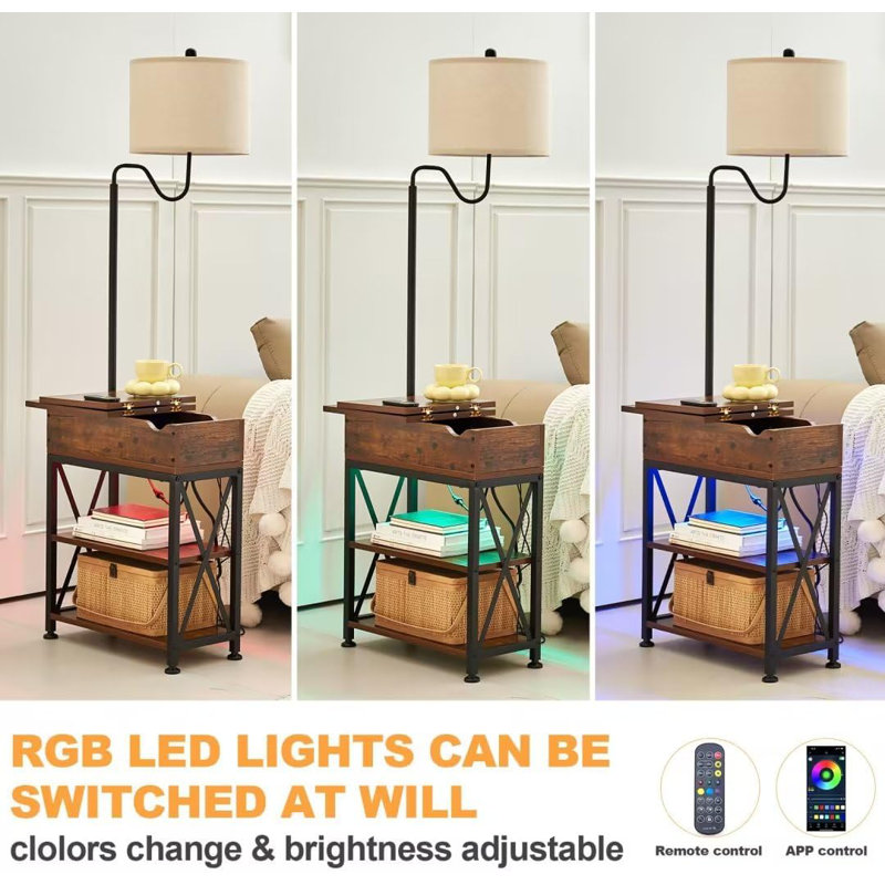 Rustic Brown LED Floor Lamp With Flip Top Side Table, USB Charging Ports, And Remote Control
