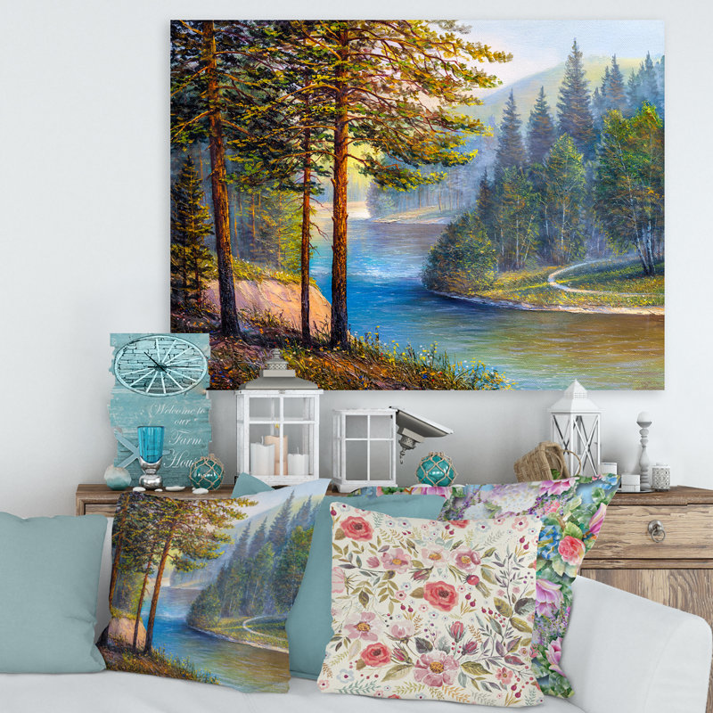 «Morning Sunlight Through The Pine And Fir Forest» - peinture sur toile, H 12 po x l 20 po x p 1 po, Toile tendue